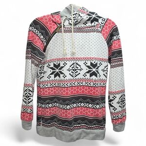 AMPERSAND AVE Fair Isle Double Hoodie Sweatshirt Gray Coral Black Nordic Print S